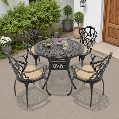 3/5-Piece Cast Aluminum Outdoor Dining Set with 35.43 in. Round Table and Seat Cushions