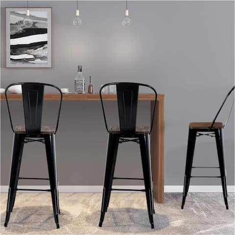 ALPHA HOME 30-inch High Back Bar Stools with Wood Seats (Set of 4)