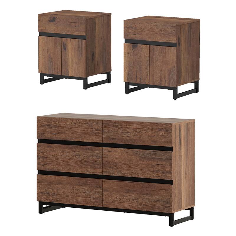 3-Piece Dresser And Nightstand Set, Dresser With 6 Drawers, 2 Nightstand for Bedroom, Bedroom Furniture Set