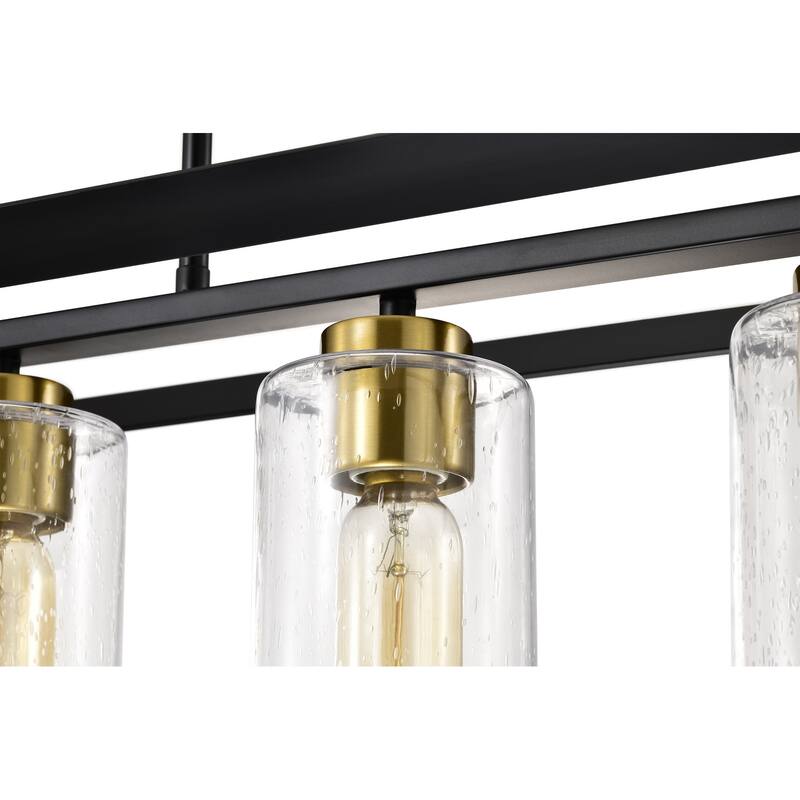 5-Light Matte Black and Gold Rectangular Kitchen Island Light with Glass Shades