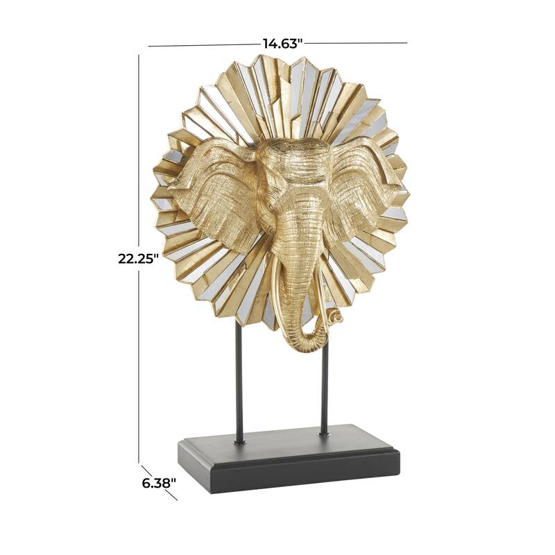 Resin Elephant Decorative Sculpture with Mirrored Sunburst Accent and Black Stand - Gold - Roche River Decor