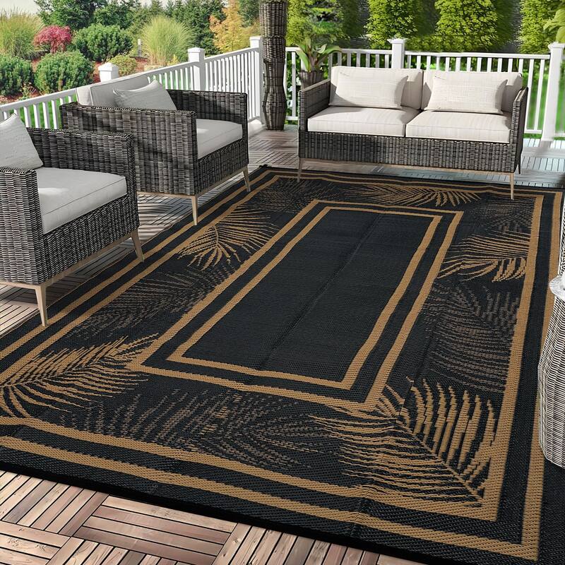 Outdoor Rug Waterproof Plastic Straw Rug Portable Camping Rug Leaves Pattern Outdoor Carpet for RV Porch Deck Camper