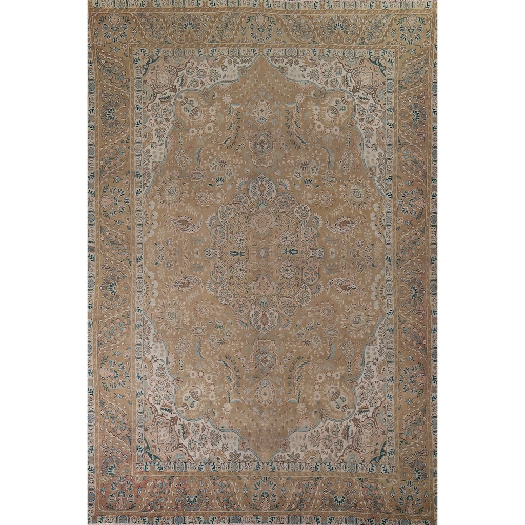 Tabriz Vintage Persian Area Rug Handmade Oriental Green Wool Carpet - 9'2" x 12'11"