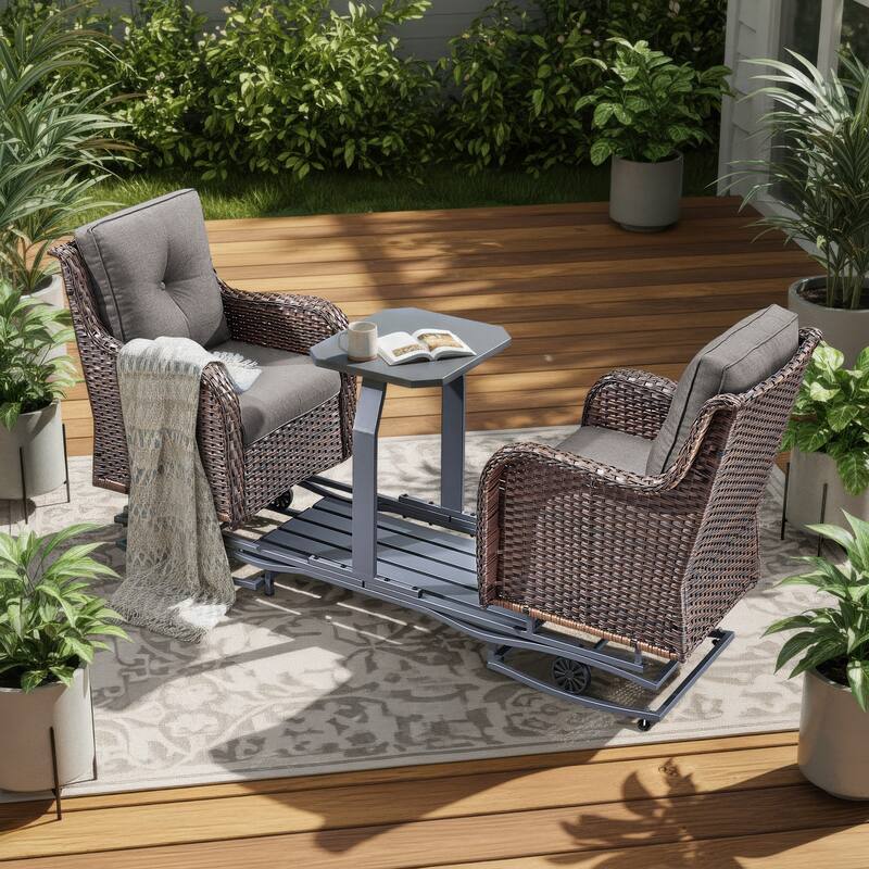 Pocassy Outdoor Double Glider Bench Patio Swing Chair - Brown Wicker Gray Cushion - 2-Person Glider Loveseats with Cushion