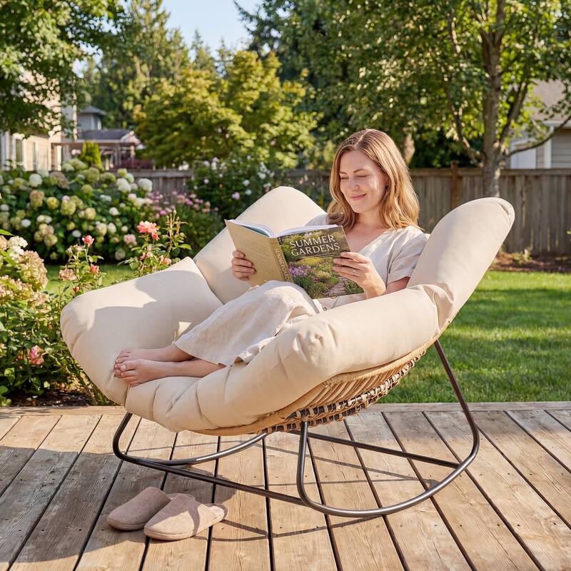 Outsunny Papasan Rocking Chair, Wicker Oversized Indoor Outdoor Rocking Chair with Cushion - White