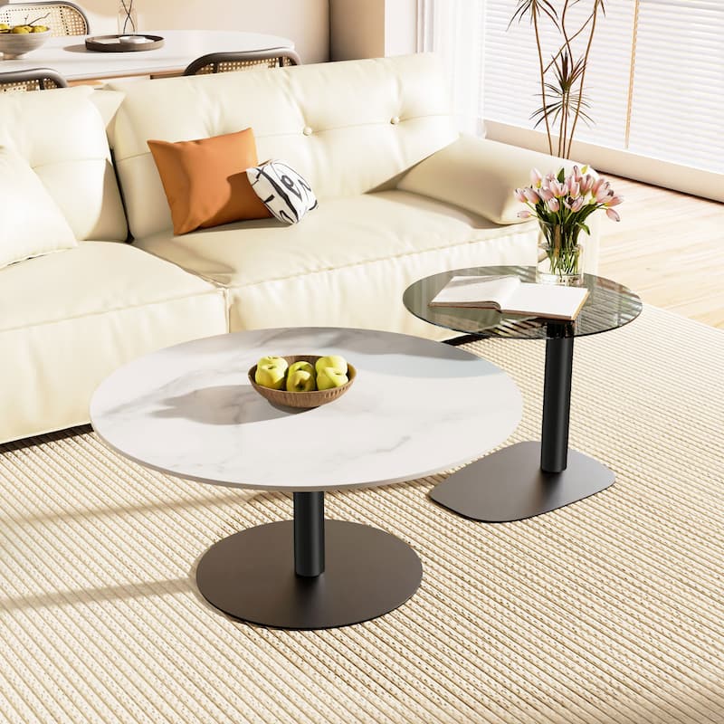 Modern Round Nesting Coffee Table Sintered Stone Tempered Glass Top - 32"x16" - White