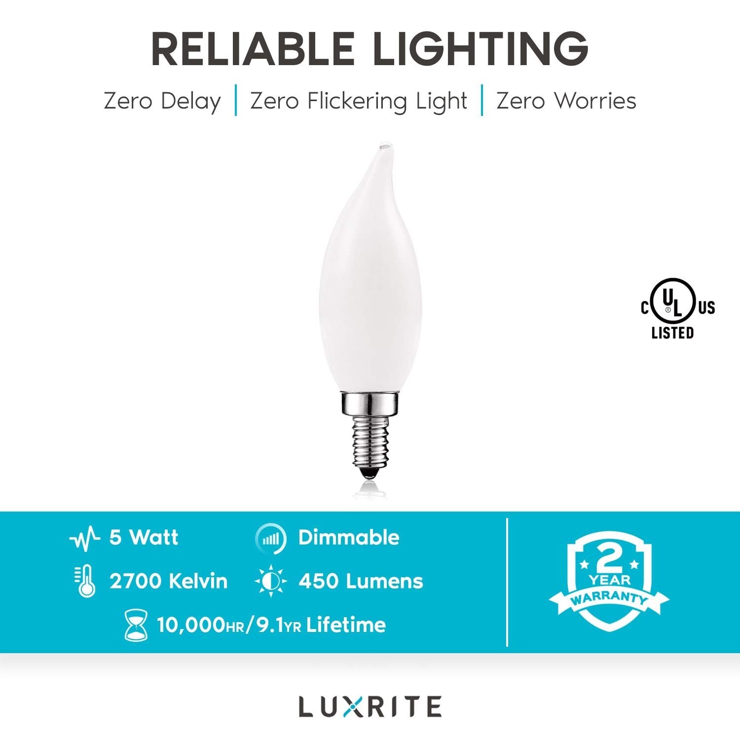 Luxrite LR21563 60 Watt Equivalent E12 Dimmable LED Light Bulbs Torpedo Flame Tip Glass 2700K Warm White 12 Pack