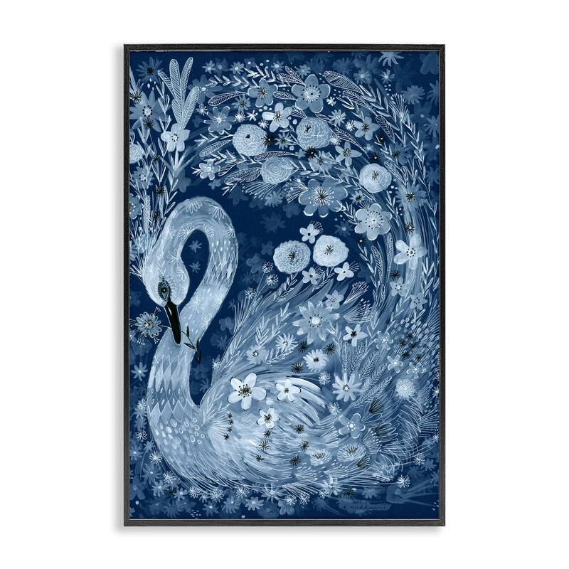 Stupell Swirling Florals Swan Framed Giclee Art Design By Kay Widdowson - 12 x 18 - Black