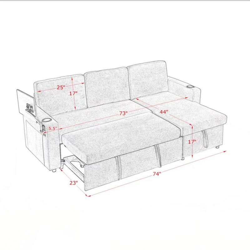 Modern Chenille Multi-functional Pull-Out Bed Sofa with Retractable Table and LED Lighting