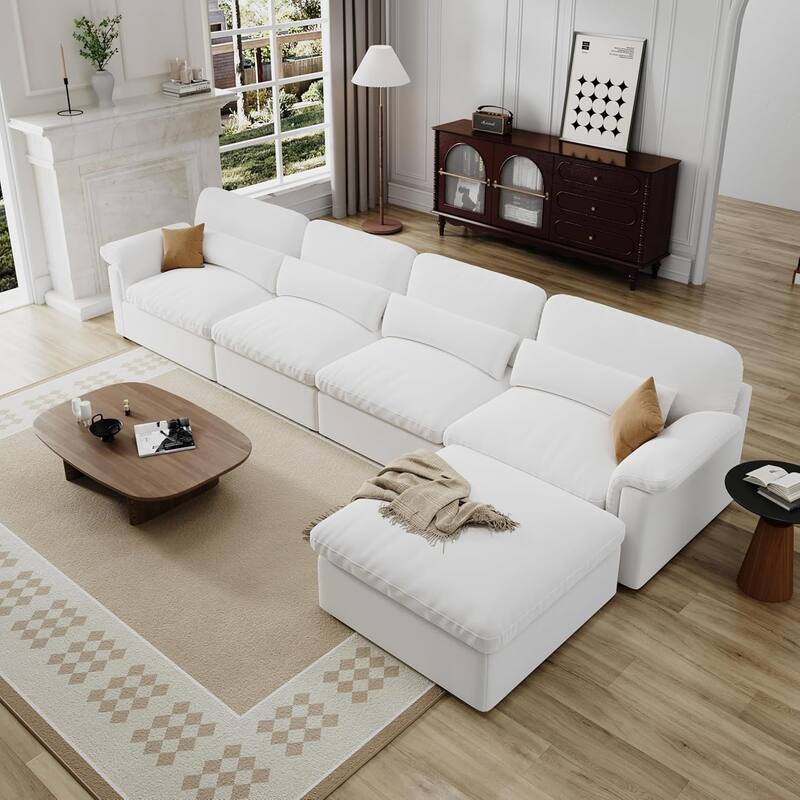 GDFStudio - Cloud Modular Chenille Sectional Sofa with Down-Filled Couch, Removable & Washable Covers and Storage Function - White - 5 Seat
