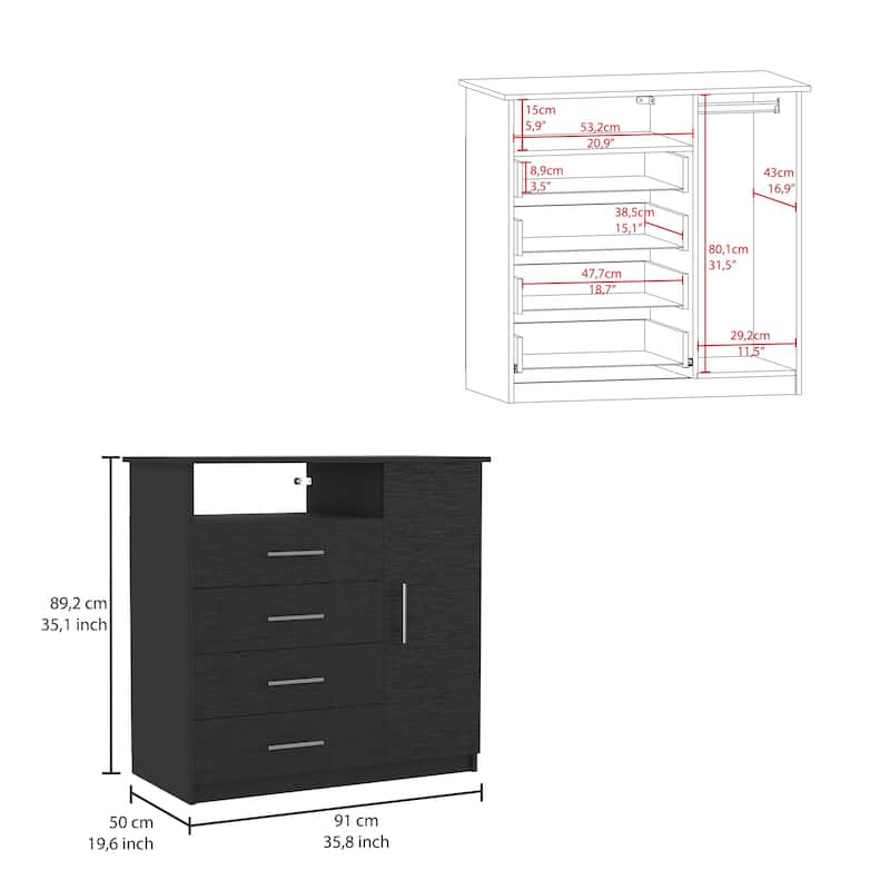 TUHOME Peru 4 Drawer Dresser with Vertical Cupboard & Open Shelf