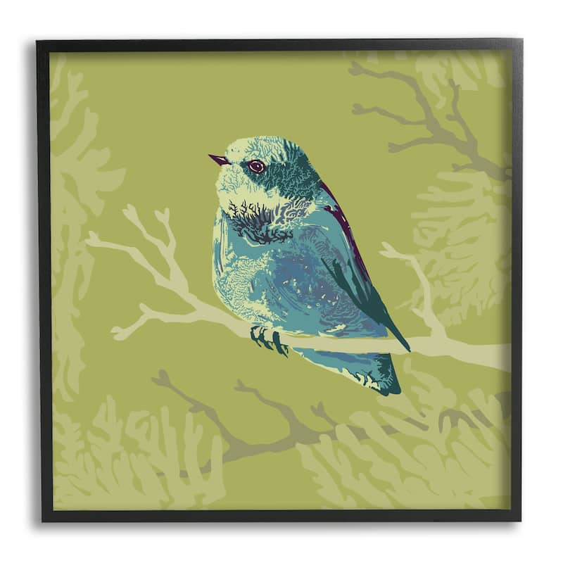 Stupell Small Blue Bird Perched Modern Layered Botanicals Framed Wall Art, Design by Verbrugge Watercolor - 12 x 12 - Black