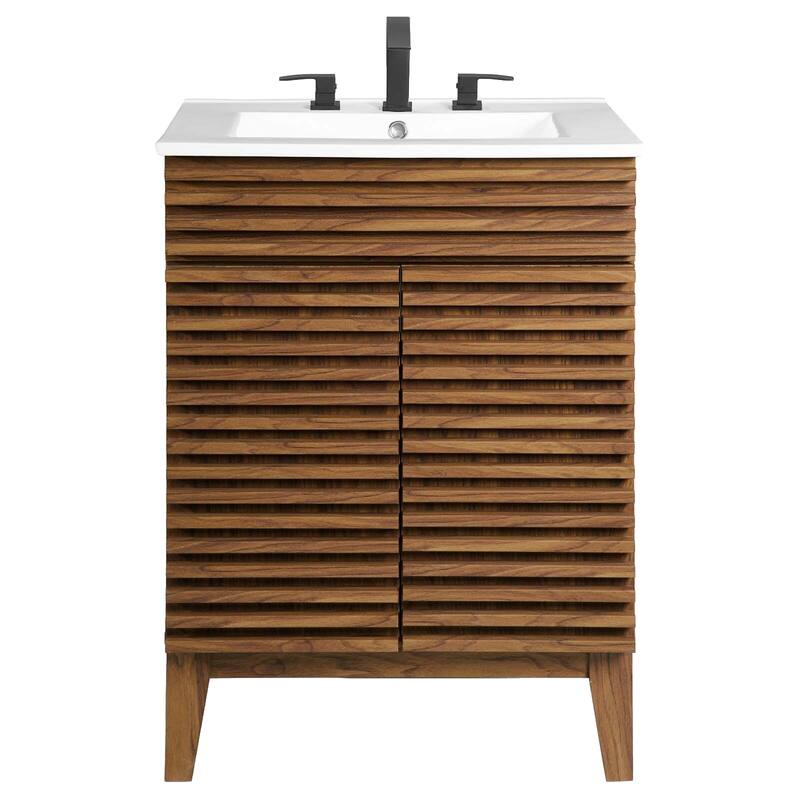 Render 24 Inch Mid-Century Bathroom Vanity With Sink in Walnut White