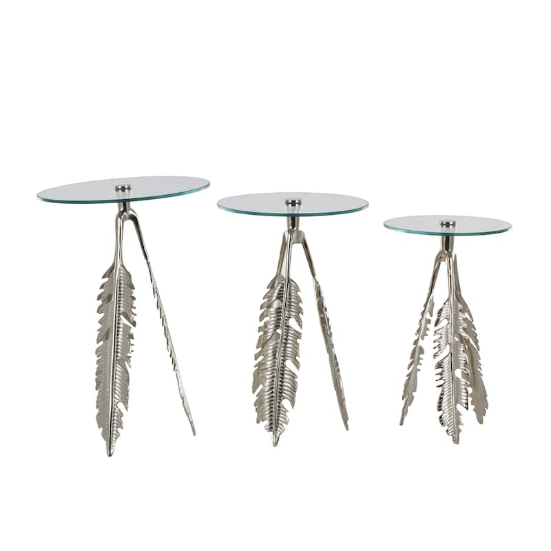 Aluminum Metal Leaf Accent Table with Tripod Legs and Tempered Glass Top - Set of 3 Silver or Gold - Roche River Decor