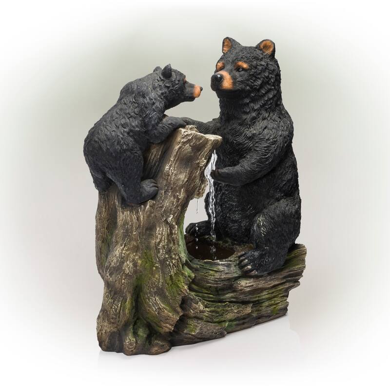Alpine Corporation USA1132 26" Black Rustic Playful Bear and Cub Log Indoor Outdoor Water Fountain