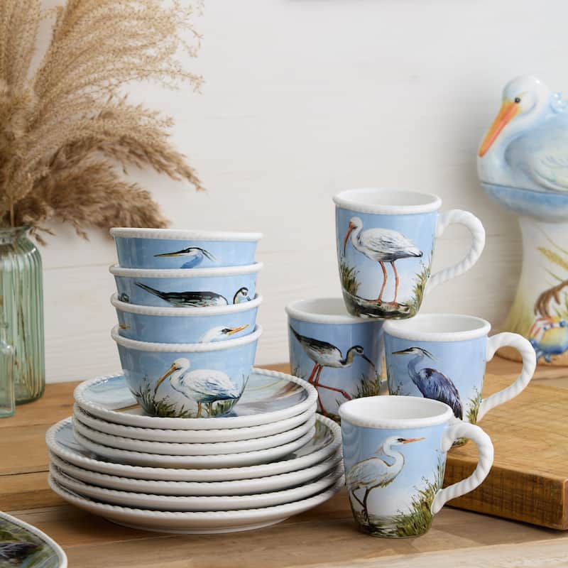 Certified International Coastal Birds 16pc Dinnerware Set, Service for 4 - 11.00"L x 11.00"W x 1.25"H