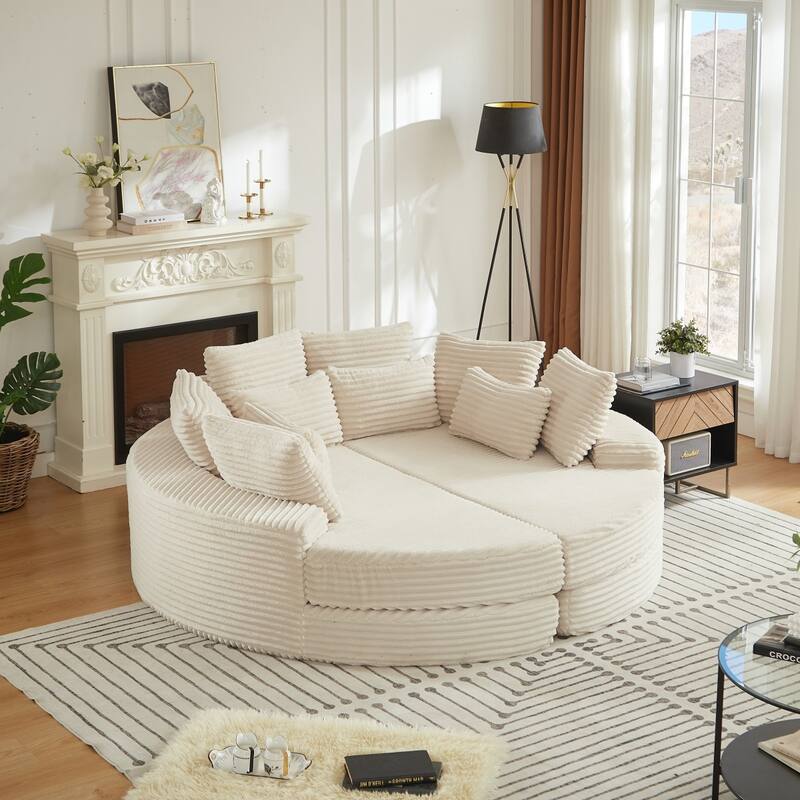 78.5" Corduroy Round Oversized 2-In-1 Sofa Bed, Neck Pillow Design With Four Throw Pillows