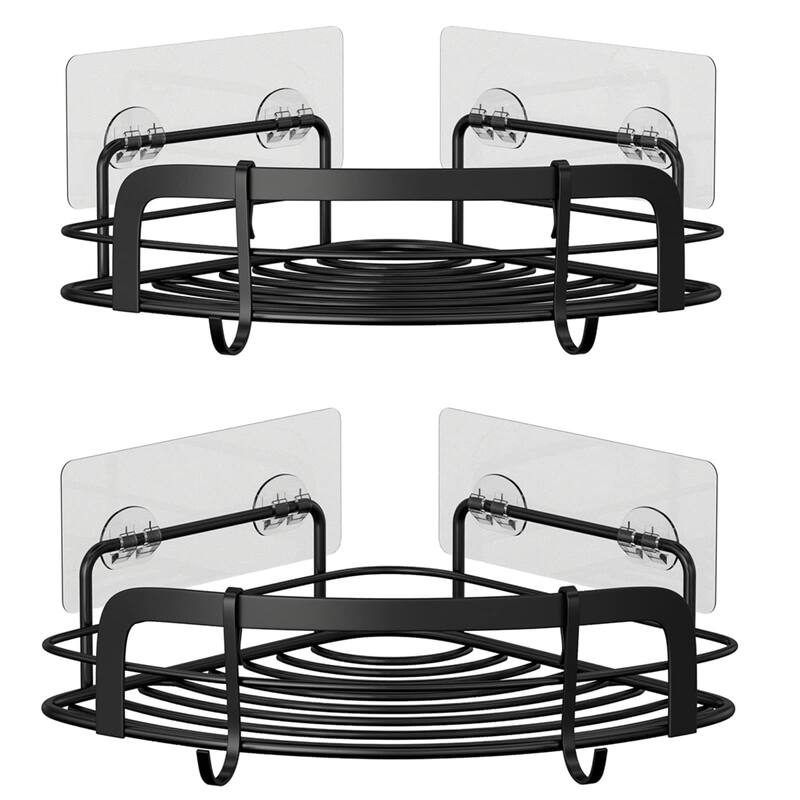2 Pack Adhesive Wall Mounted Shower Caddy with 4 Movable Hooks - Black