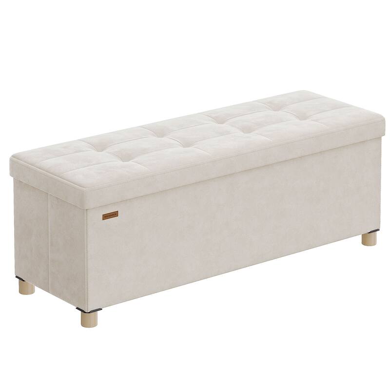 Tufted Velvet Ottoman Bench with Storage and Wood Legs Foldable Footstool for Living Room - 15"D x 43.3"W x 15.7"H - Cappuccino Beige