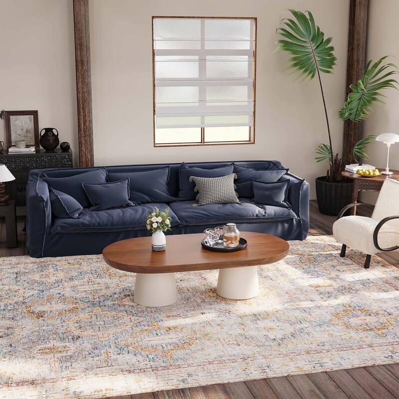 51.2" Modern Oval Brown Coffee Table With 2 Legs, Solid Wood Veneer for Living Room