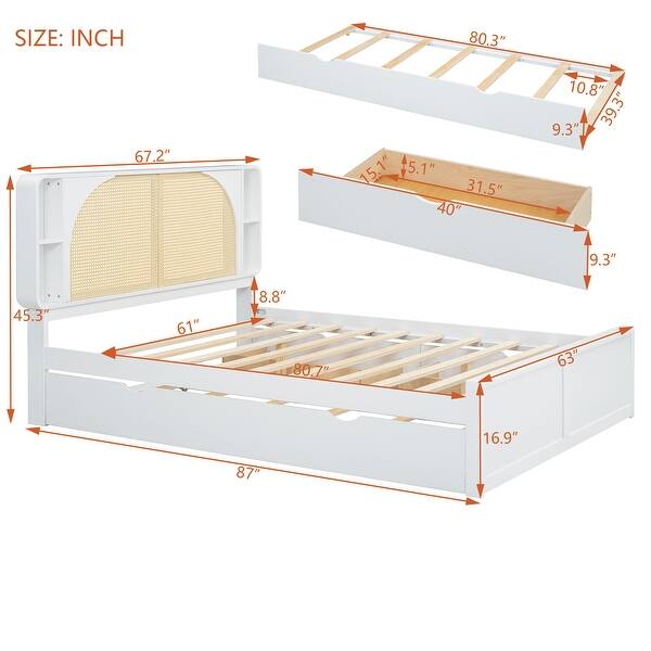 Queen Size Platform Bed with Rattan Headboard, Storage Drawers and Pull-Out Trundle for Extra Sleeping Space