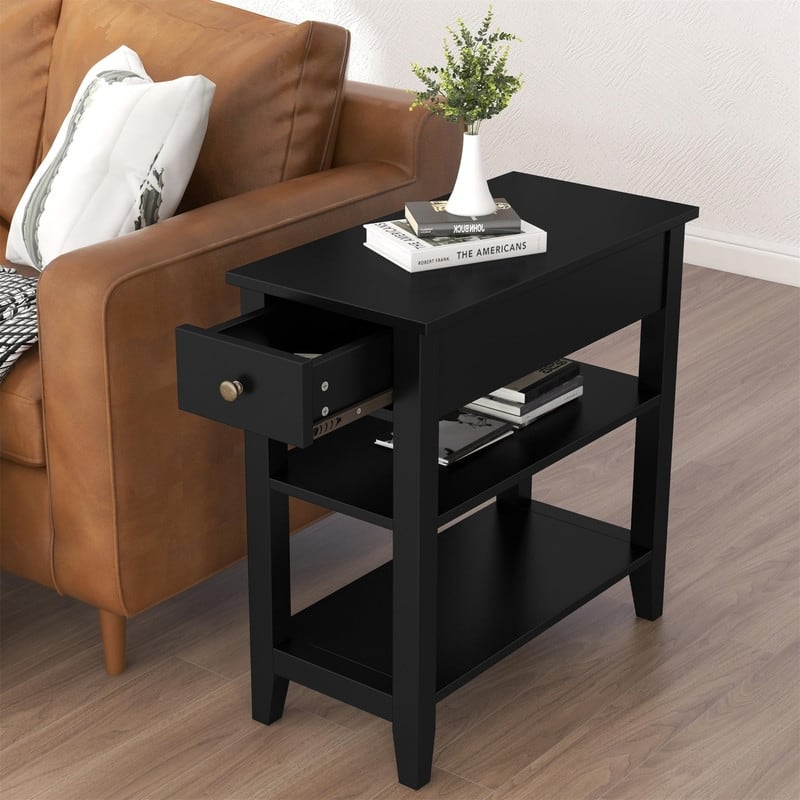 Narrow End Table with Drawer and Shelf - 11.22"D x 23.62"W x 24.02"H - Black-1