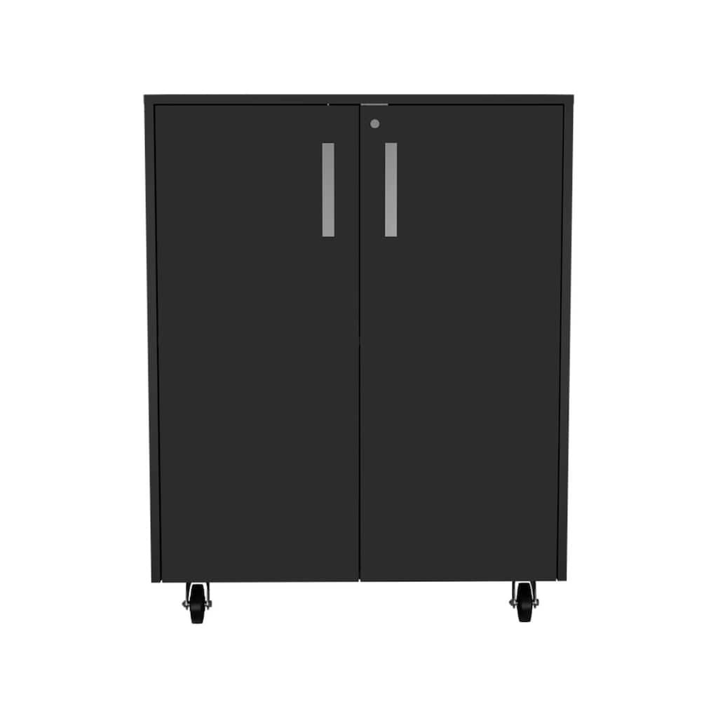 Black Two-Door Storage Cabinet with Lock and Shelves - Compact Garage or Utility Organizer with Countertop