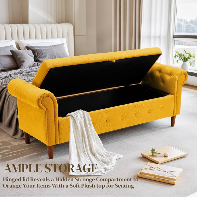 Multipurpose Rectangular Linen Sofa Stool with Large Space Saving Storage, 4 Rubber Wood Feet - 63 x 22.1 x 24.1 inch