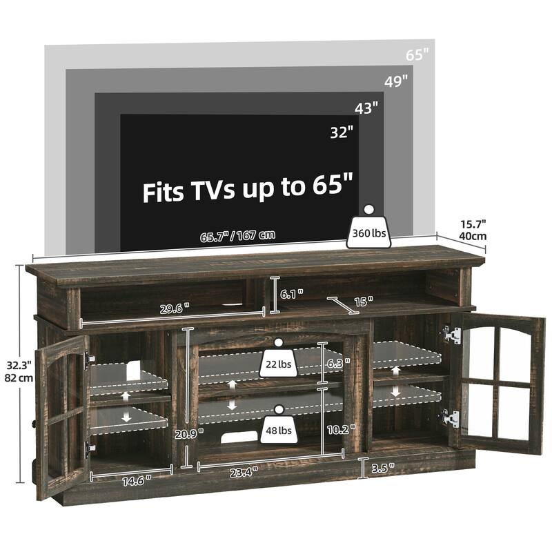 Moasis Farmhouse LED Lights TV Stand with Glass Doors, Entertainment Center w/Shelves for Living Room for TVs up to 65"