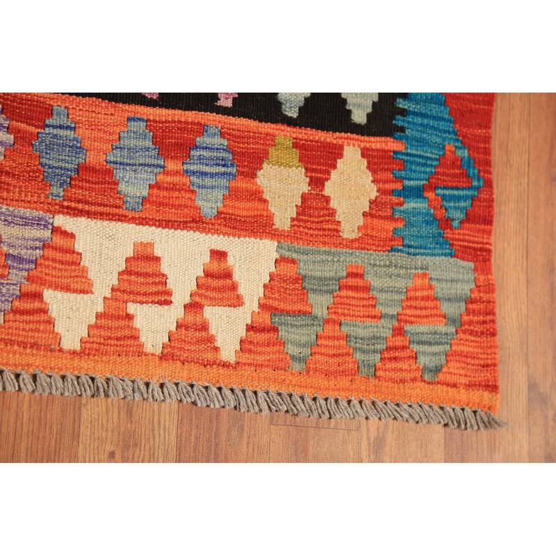 All-Over Trellis Geometric Kilim Area Rug Hand-Woven Wool Carpet - 8'4" x 9'8"