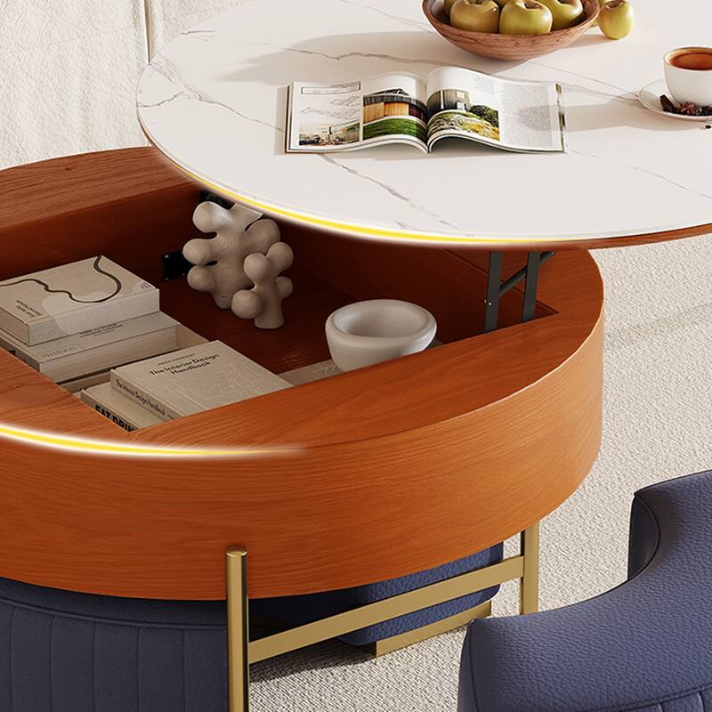 Lift Top Extendable Frame Coffee Table with Storage 3 Stools, Stainless Steel Legs - L 31.5'×W 31.5'×H 19.29'