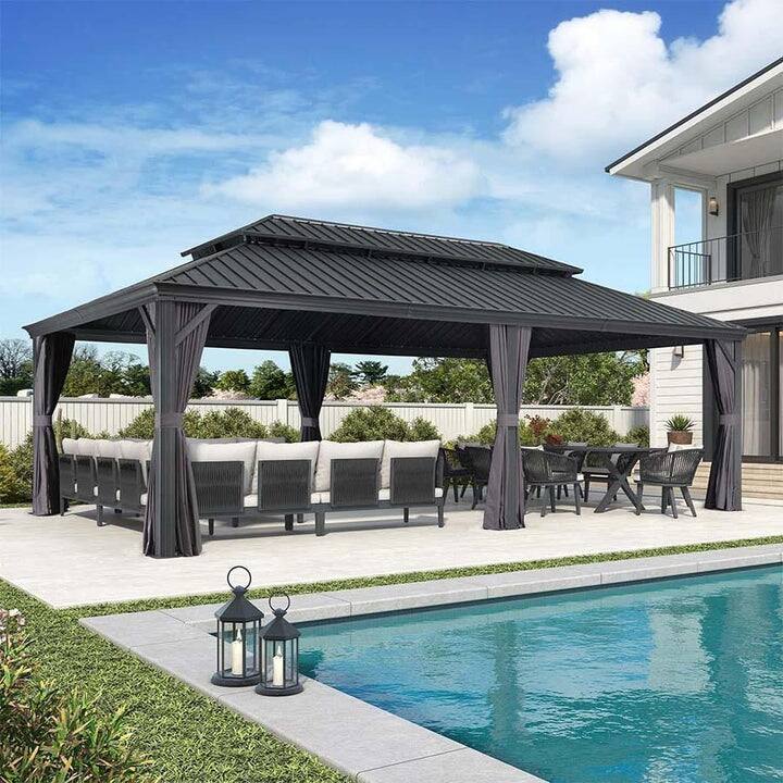 PURPLE LEAF Outdoor Galvanized Steel Hardtop Gazebo, Aluminum Frame Gazebo With Curtains - 14' x 24' - Gazebo Grey