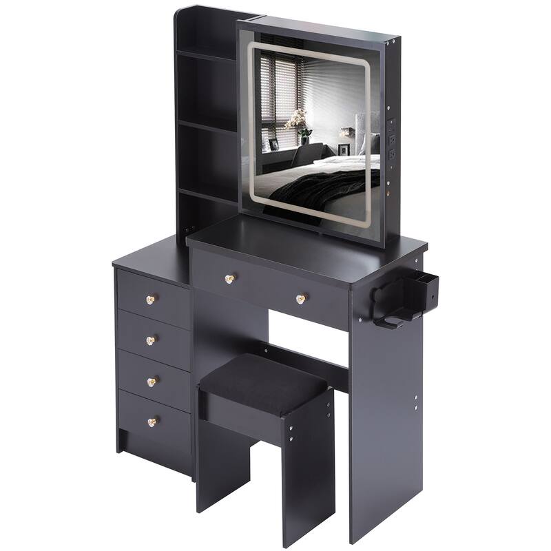 Vanity Table with Control LED Sliding Mirror, Dressing Table Set with USB Power Station, Makeup Stool with Hair Dryer Stand