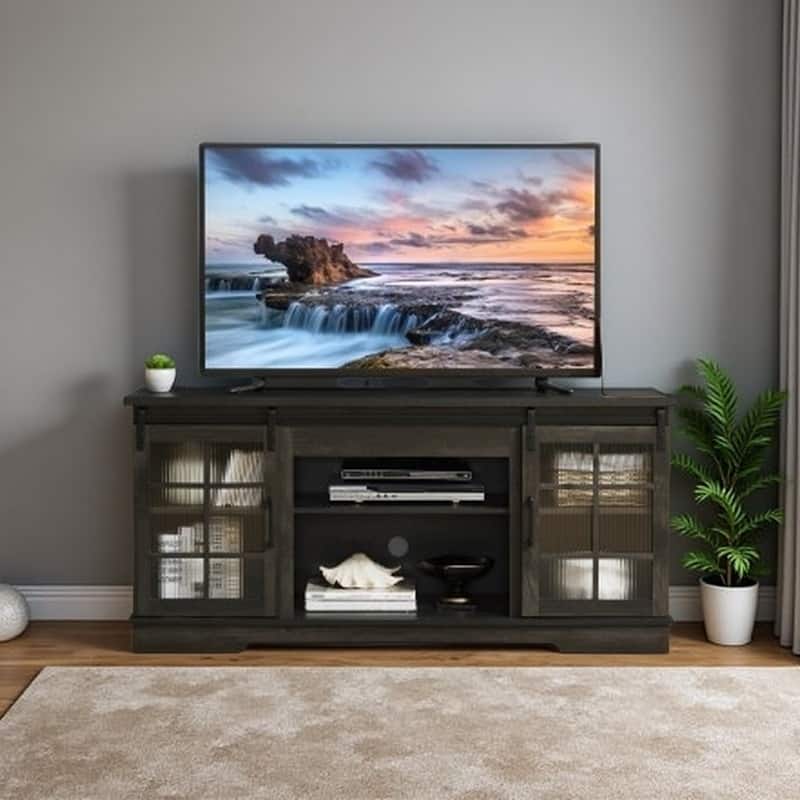TV Stand for TVs up to 65'' with Sliding Door, Fluted Glass, Adjustable Shelves, Large Storage Cabinet and Cable Management
