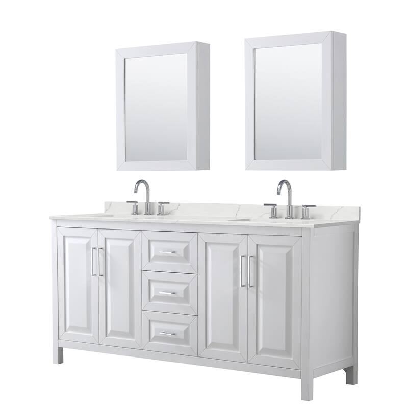 Daria 72-inch Double Vanity, 3 Hole Quartz Top, Med Cabinets
