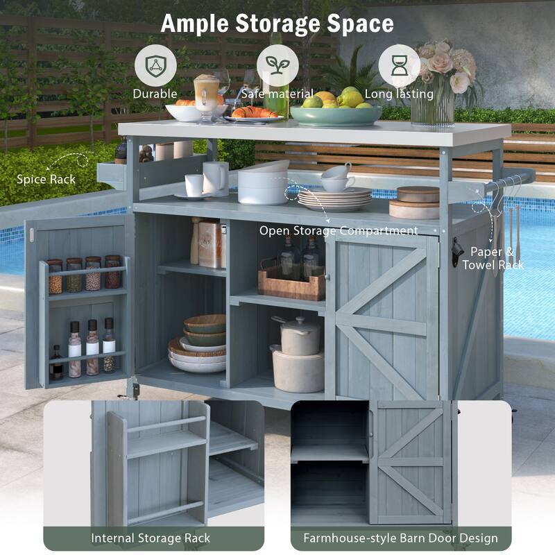 Farmhouse Outdoor Kitchen Island, Rolling Bar Cart & Storage Cabinet with Stainless Steel Top, Spice Rack & Towel Rack