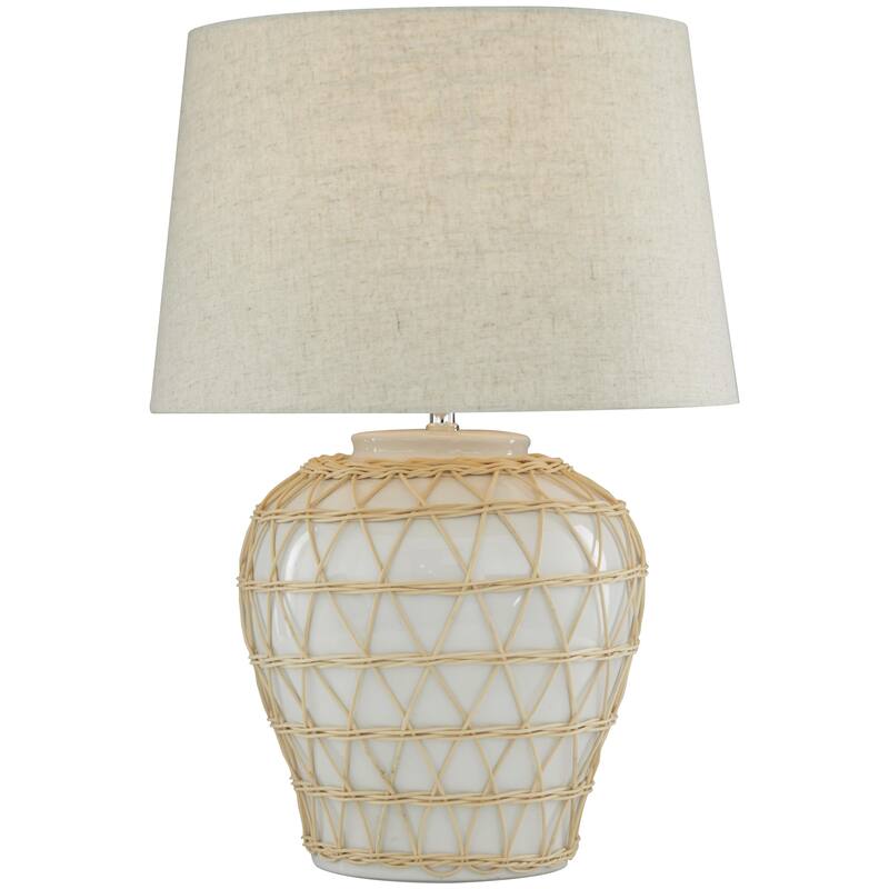 Ceramic Geometric Woven Rattan Room Table Lamp with Linen Shade - White - Roche River Decor