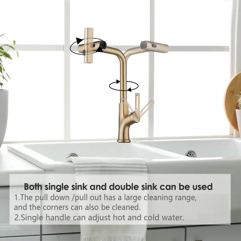 360° Rotating Single Handle Kitchen Sink Waterfall Faucet with Pull Down Sprayer (Only 1 Faucet)