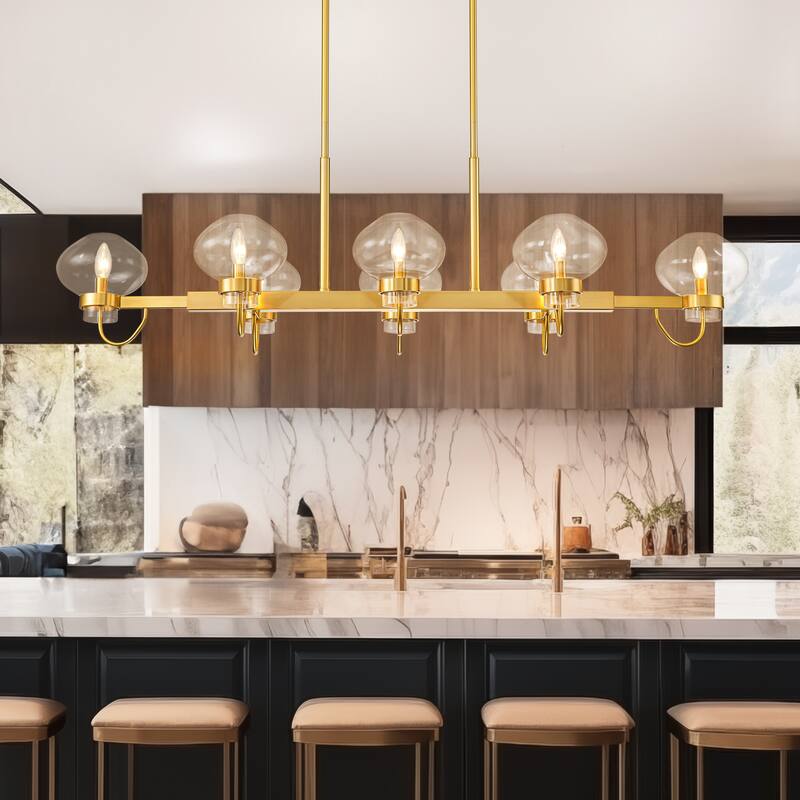 8-Light Industrial Gold/ Black Linear Candle Clear Glass Chandelier for Kitchen Island