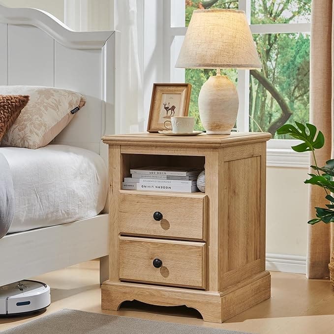 Vintage Wood Nightstand with Charging Station, End Table, Side Table