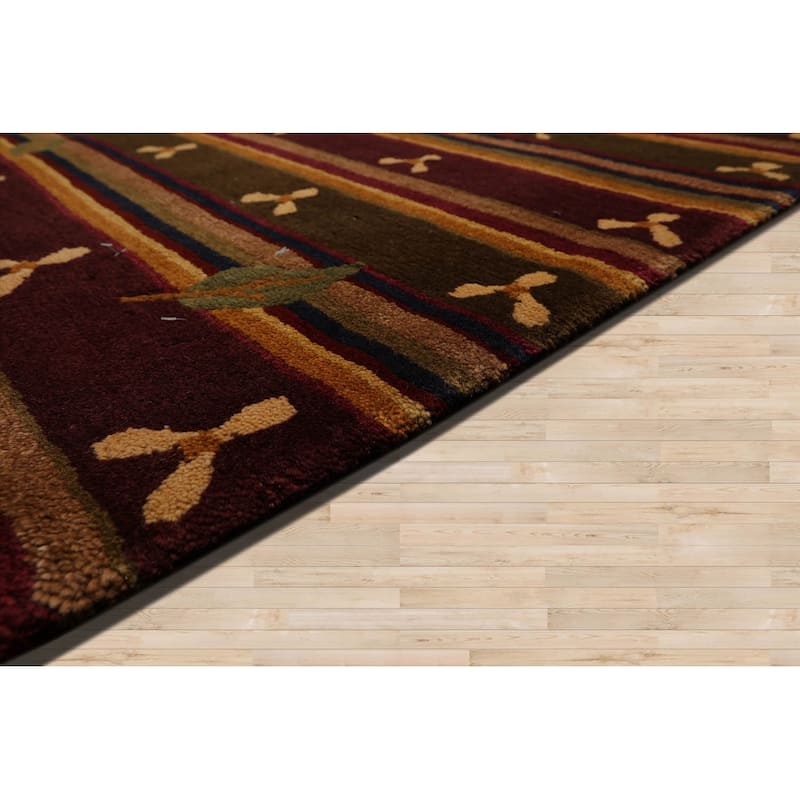 Hand Knotted Tibetan Green, Rust Striped Wool Transitional Area Rug - 6' x 9' 1''