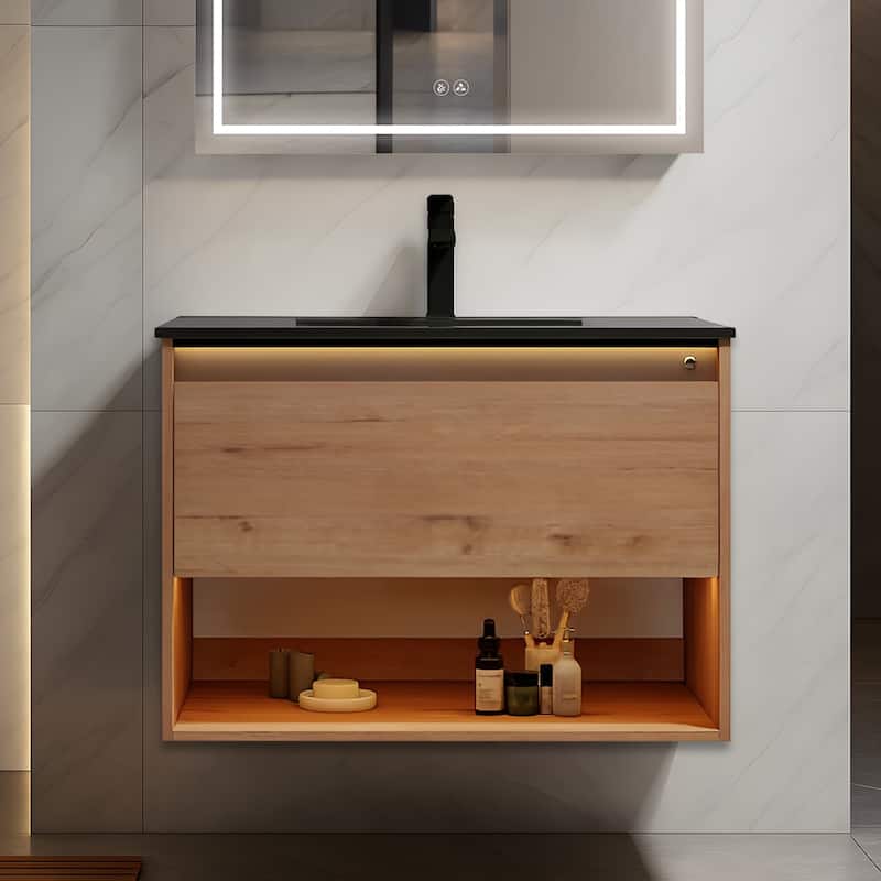 Blossom Bergen Wall Mounted Floating Bathroom Vanity with Sink - Oak - 30" MB Ceramic Sink