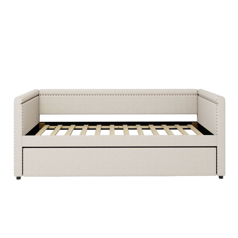Upholstered Daybed, Twin Size Sofa Bed, Nailhead Trim Curved Arms Guest Bed with Trundle Bed, Platform Bed, Low Profile Bed