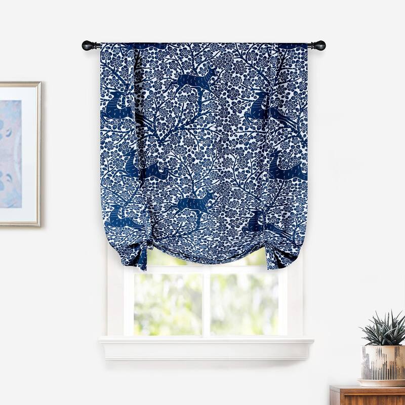 DriftAway Deer Fawn Flower Forest Blackout Thermal Insulated Tie Up Curtain - 25" width x 47" length - Navy