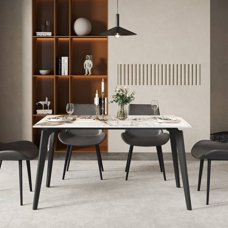 55 Inches Modern White Dining Room Table with Metal Gold Base, Sintered Stone Dining for 4 - N/A