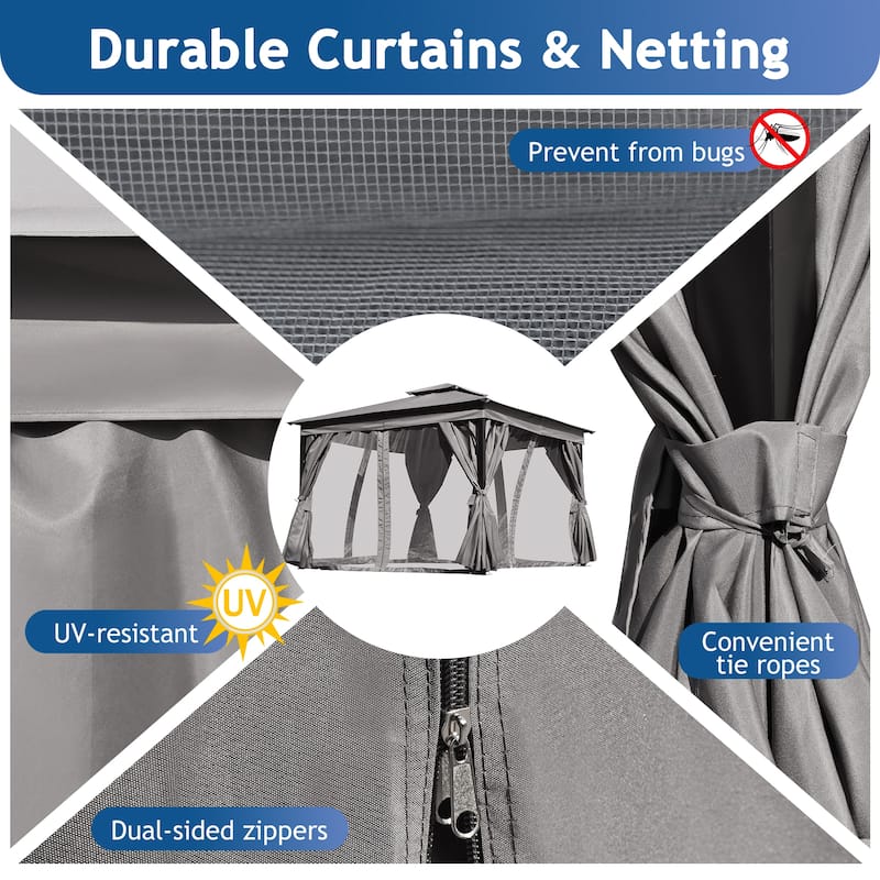 10x12 Outdoor Gazebo Tent with Double Roofs, Patio Gazebo with Mosquito Netting and Privacy Screens, for Backyard, Garden