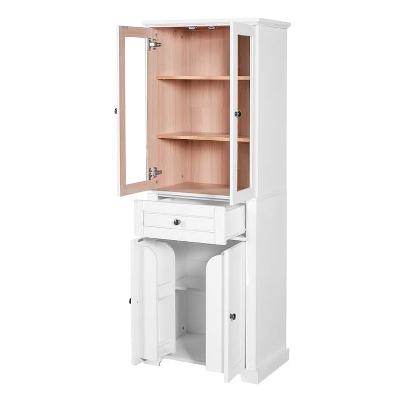 67.2"Tall Bathroom Storage Cabinet with Glass Doors, Adjustable Shelves & Drawer -Freestanding Linen Tower, Soft-Close Design