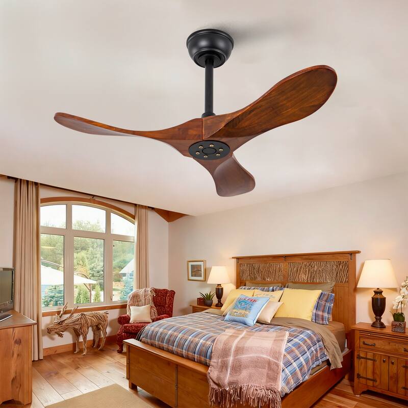 Sofucor 36 Inch Small Solid Wood Ceiling Fan without Light,With Remote Control,3 Blades Walnut for Living Room Bedroom
