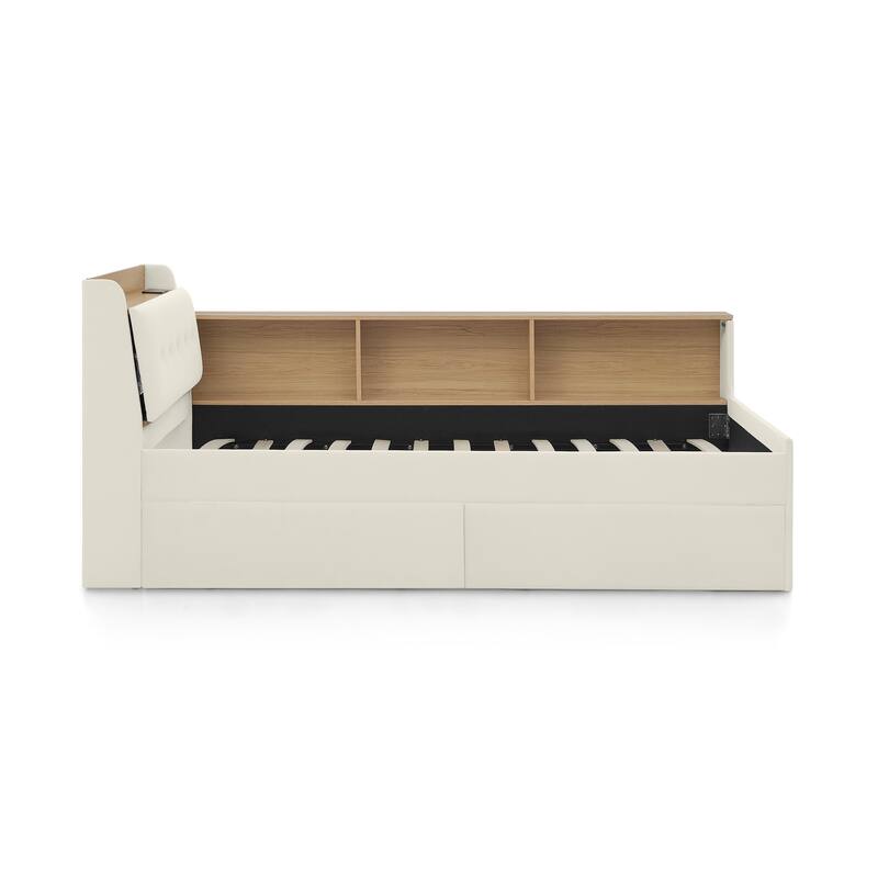 Twin Size Velvet Upholstered Daybed with Storage Headboard, LED and Wireless Charging - Optional Trundle Bed or Storage Drawers