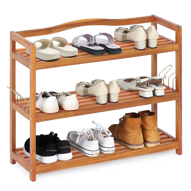 Costway 3-Tier Wood Shoe Rack Solid Acacia Wood Shoe Shelf with Side
